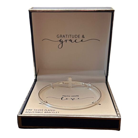 Unwritten Sterling Silver Sideways Cross Catch Bangle Faith Hope Love New - Picture 2 of 6